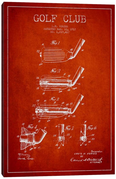 Golf Club Red Patent Blueprint Canvas Art Print - Sports Blueprints