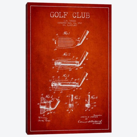Golf Club Red Patent Blueprint Canvas Print #ADP2133} by Aged Pixel Canvas Wall Art
