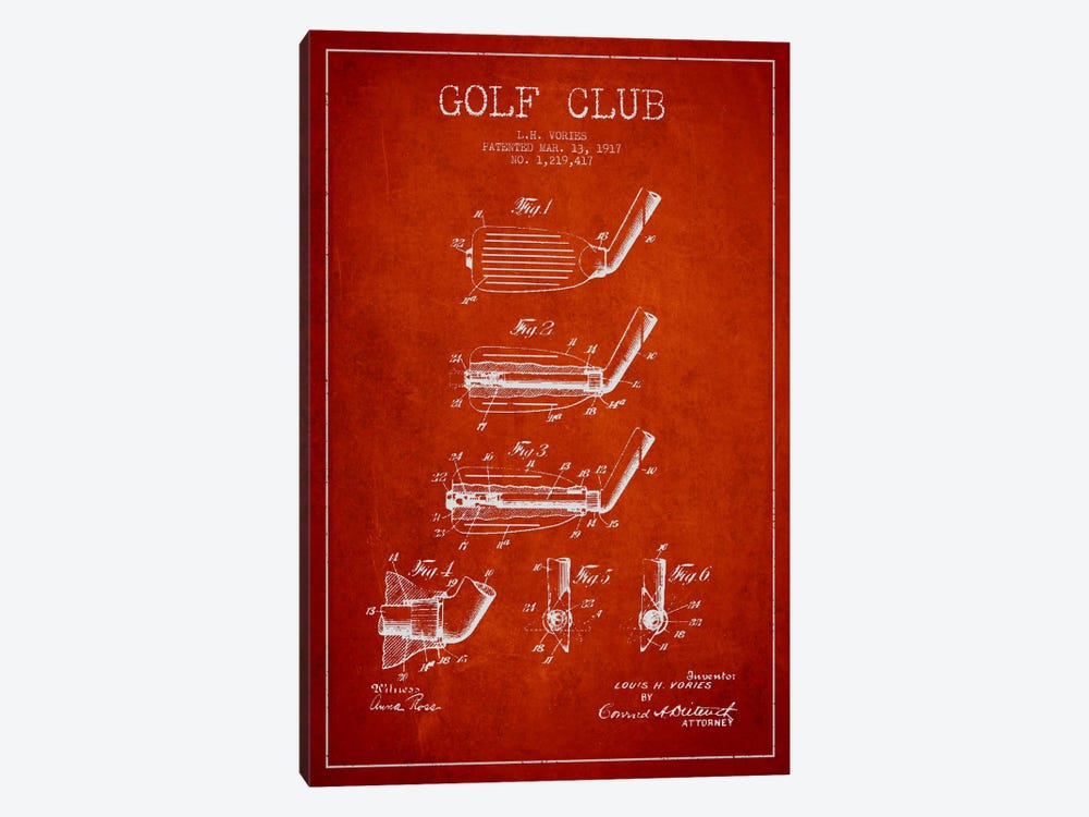 Golf Club Red Patent Blueprint by Aged Pixel 1-piece Canvas Art Print