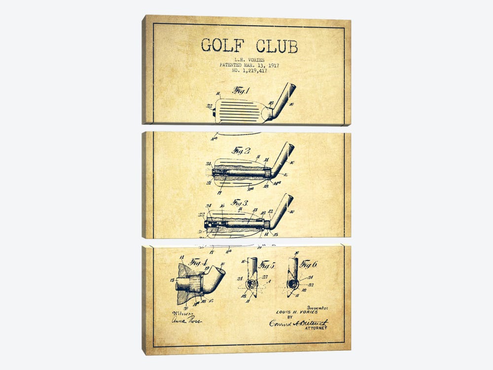 Golf Club Vintage Patent Blueprint by Aged Pixel 3-piece Canvas Wall Art