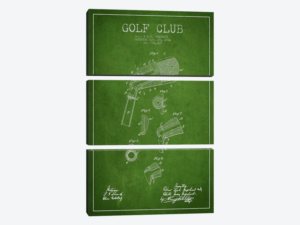 Golf Club Green Patent Blueprint by Aged Pixel 3-piece Canvas Artwork