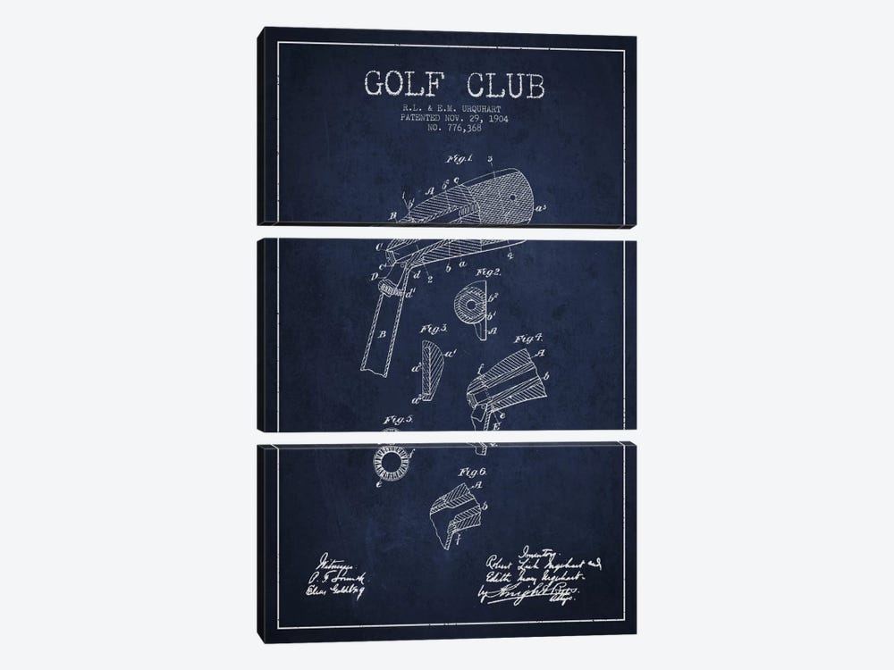 Golf Club Navy Blue Patent Blueprint by Aged Pixel 3-piece Canvas Art Print