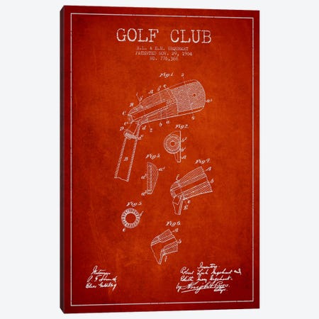 Golf Club Red Patent Blueprint Canvas Print #ADP2138} by Aged Pixel Canvas Artwork