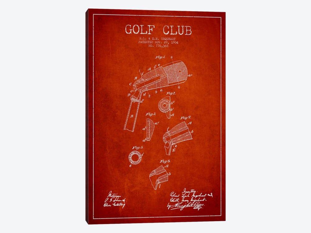 Golf Club Red Patent Blueprint by Aged Pixel 1-piece Canvas Wall Art