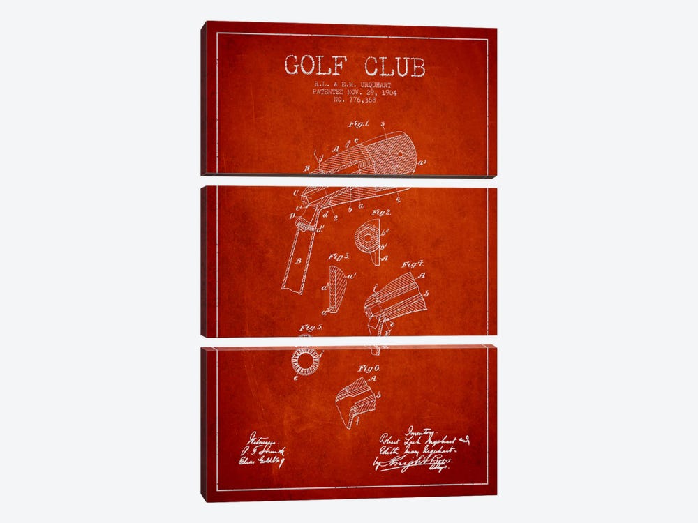 Golf Club Red Patent Blueprint 3-piece Canvas Artwork