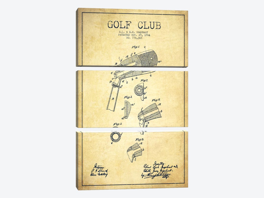 Golf Club Vintage Patent Blueprint by Aged Pixel 3-piece Canvas Print
