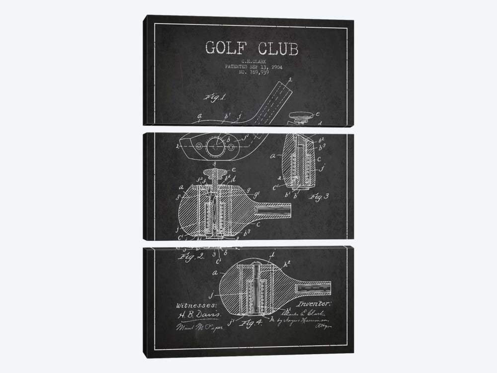 Golf Club Charcoal Patent Blueprint by Aged Pixel 3-piece Canvas Art Print