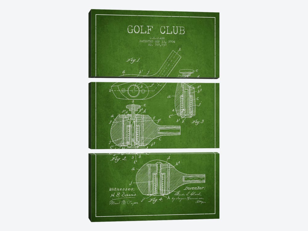Golf Club Green Patent Blueprint by Aged Pixel 3-piece Canvas Art