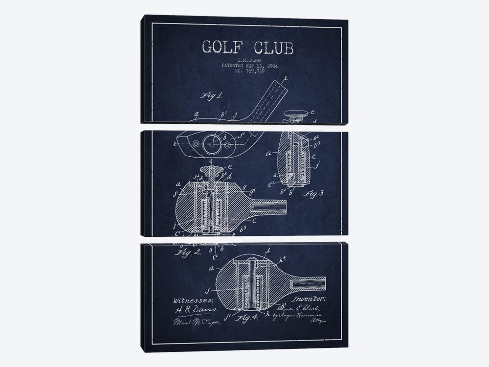 Golf Club Navy Blue Patent Blueprint by Aged Pixel 3-piece Canvas Print