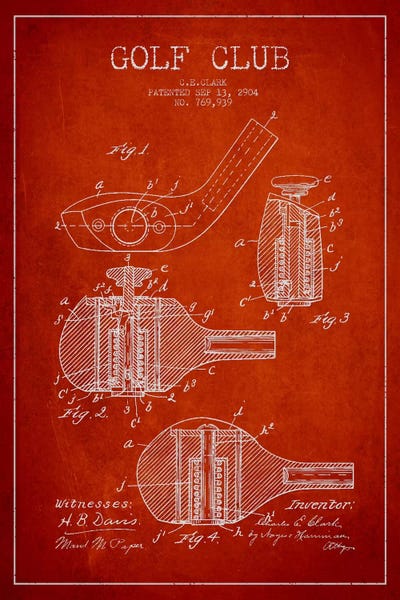 Golf Club Red Patent Blueprint by Aged Pixel canvas print