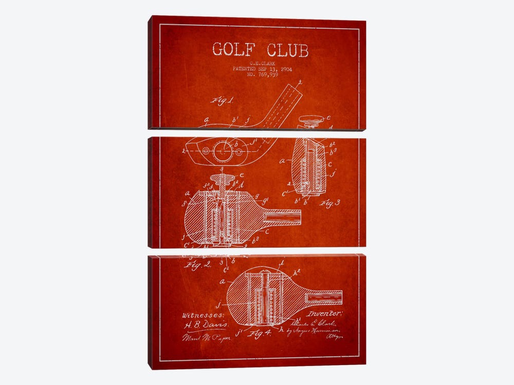 Golf Club Red Patent Blueprint by Aged Pixel 3-piece Canvas Wall Art