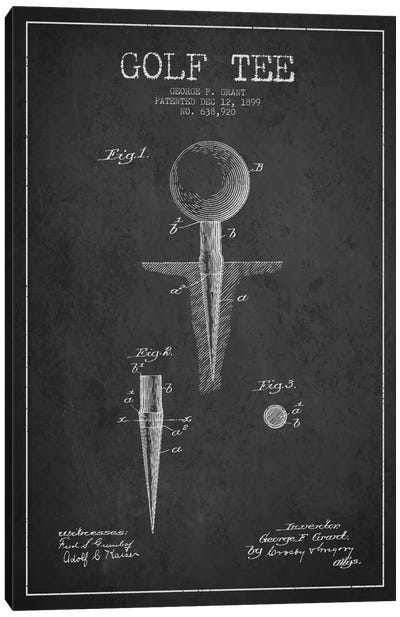 Golf Tee Charcoal Patent Blueprint Canvas Art Print - Sports Blueprints