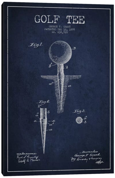 Golf Tee Navy Blue Patent Blueprint Canvas Art Print - Golf Art