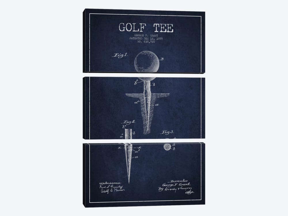 Golf Tee Navy Blue Patent Blueprint by Aged Pixel 3-piece Canvas Wall Art