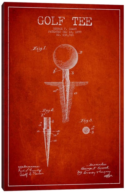 Golf Tee Red Patent Blueprint Canvas Art Print - Aged Pixel: Sports