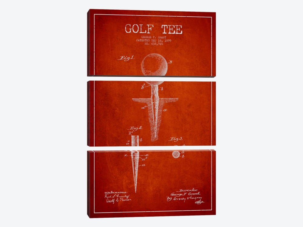 Golf Tee Red Patent Blueprint 3-piece Canvas Art Print