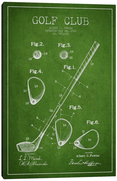 Golf Club Green Patent Blueprint Canvas Art Print - Aged Pixel: Sports