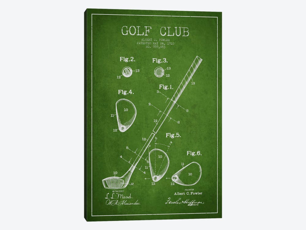 Golf Club Green Patent Blueprint 1-piece Canvas Art Print