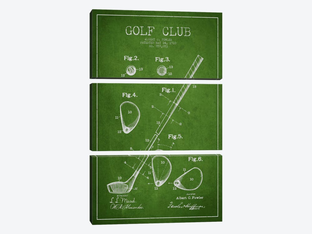 Golf Club Green Patent Blueprint 3-piece Canvas Art Print