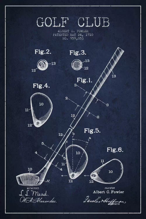 Golf Club Navy Blue Patent Blueprint by Aged Pixel wall art