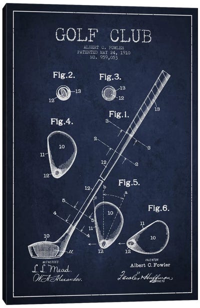 Golf Club Navy Blue Patent Blueprint Canvas Art Print - Blueprints & Patent Sketches