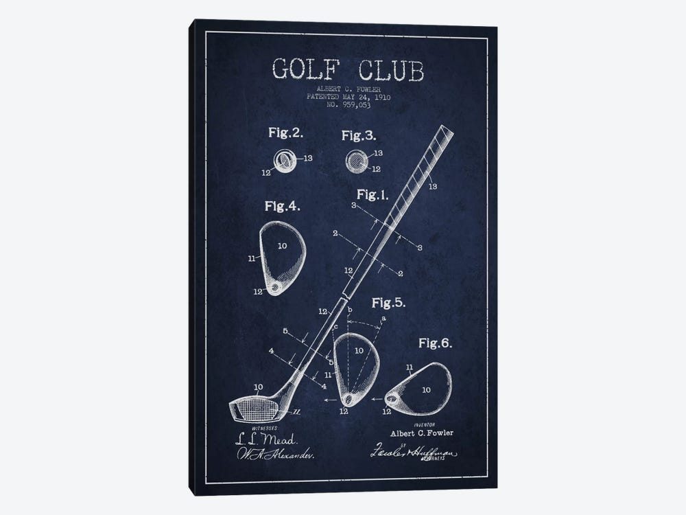 Golf Club Navy Blue Patent Blueprint by Aged Pixel 1-piece Canvas Wall Art