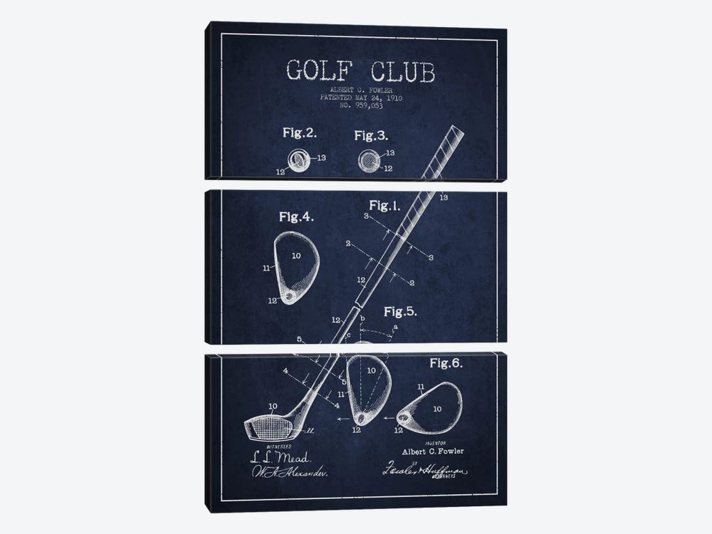 Golf Club Navy Blue Patent Blueprint by Aged Pixel 3-piece Canvas Art