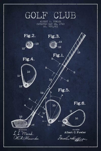 Kids Sports Art: Golf Club Navy Blue Patent Blueprint by Aged Pixel