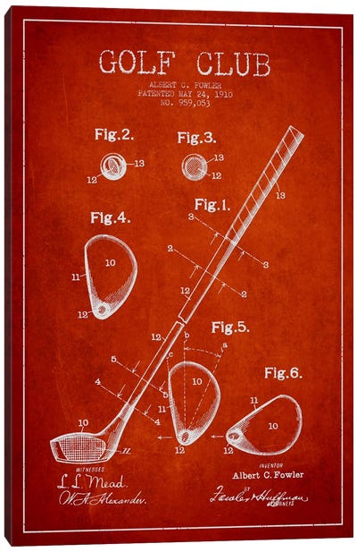 Golf Club Red Patent Blueprint Canvas Art Print - Golf Art