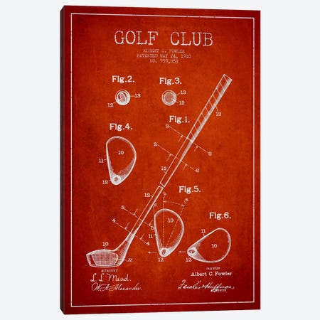 Golf Club Red Patent Blueprint Canvas Print #ADP2153} by Aged Pixel Canvas Artwork