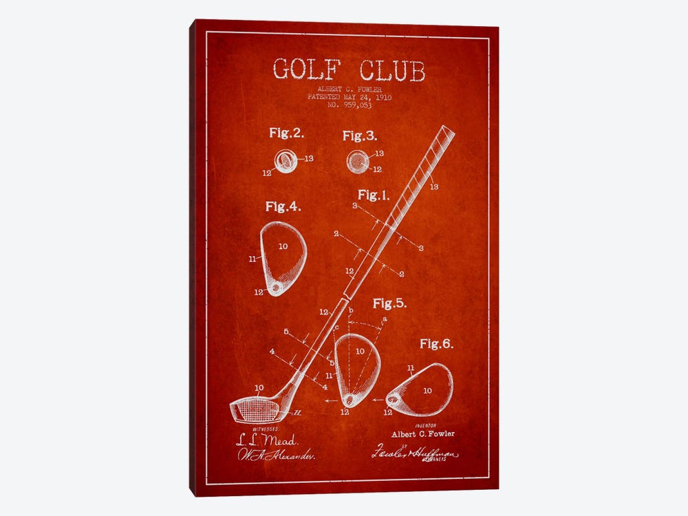 Golf Club Red Patent Blueprint by Aged Pixel 1-piece Canvas Art Print