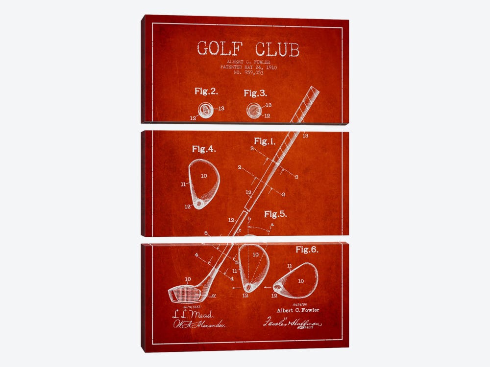 Golf Club Red Patent Blueprint by Aged Pixel 3-piece Art Print