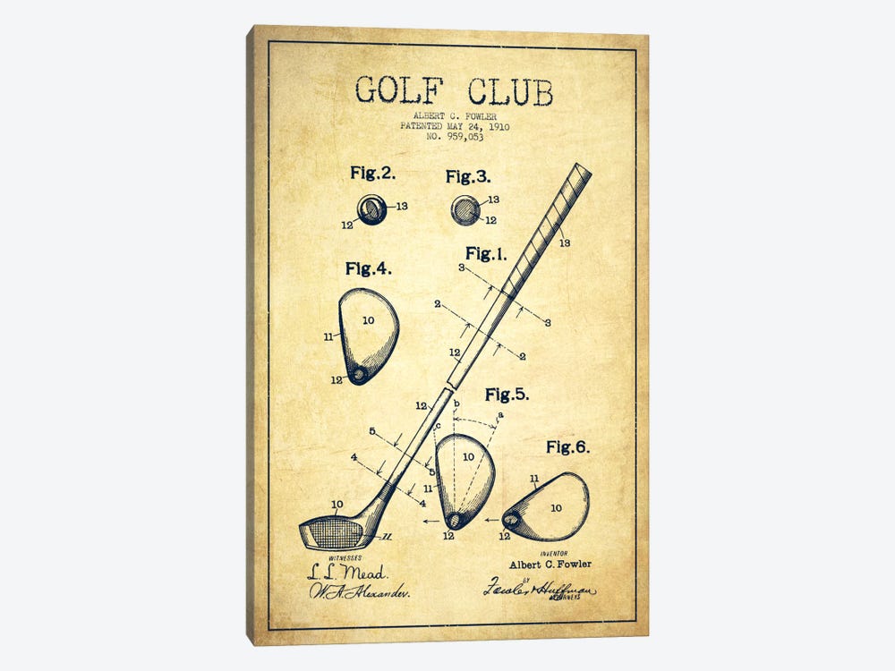 Golf Club Vintage Patent Blueprint by Aged Pixel 1-piece Canvas Wall Art