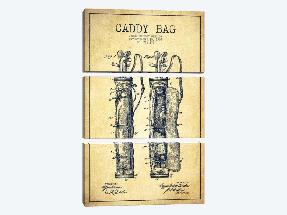 Caddy Bag Vintage Patent Blueprint by Aged Pixel 3-piece Canvas Art Print