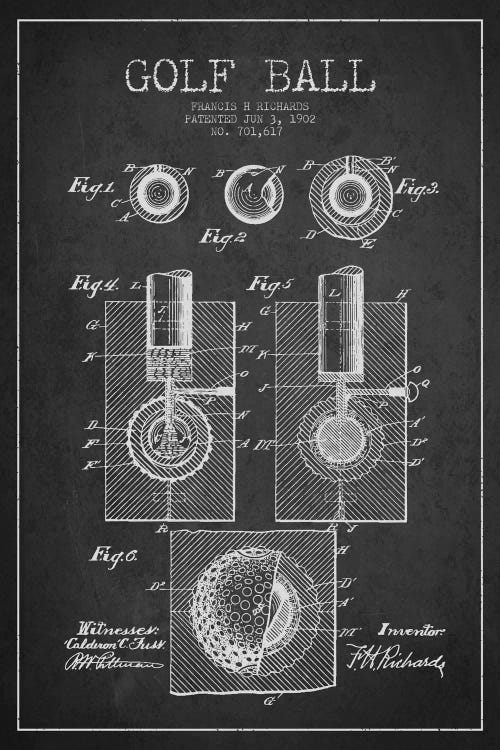 Golf Ball Charcoal Patent Blueprint