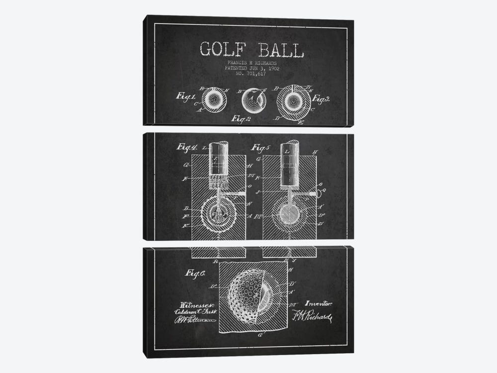 Golf Ball Charcoal Patent Blueprint by Aged Pixel 3-piece Art Print