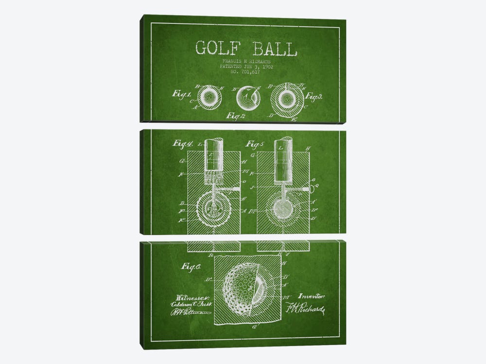 Golf Ball Green Patent Blueprint by Aged Pixel 3-piece Canvas Artwork