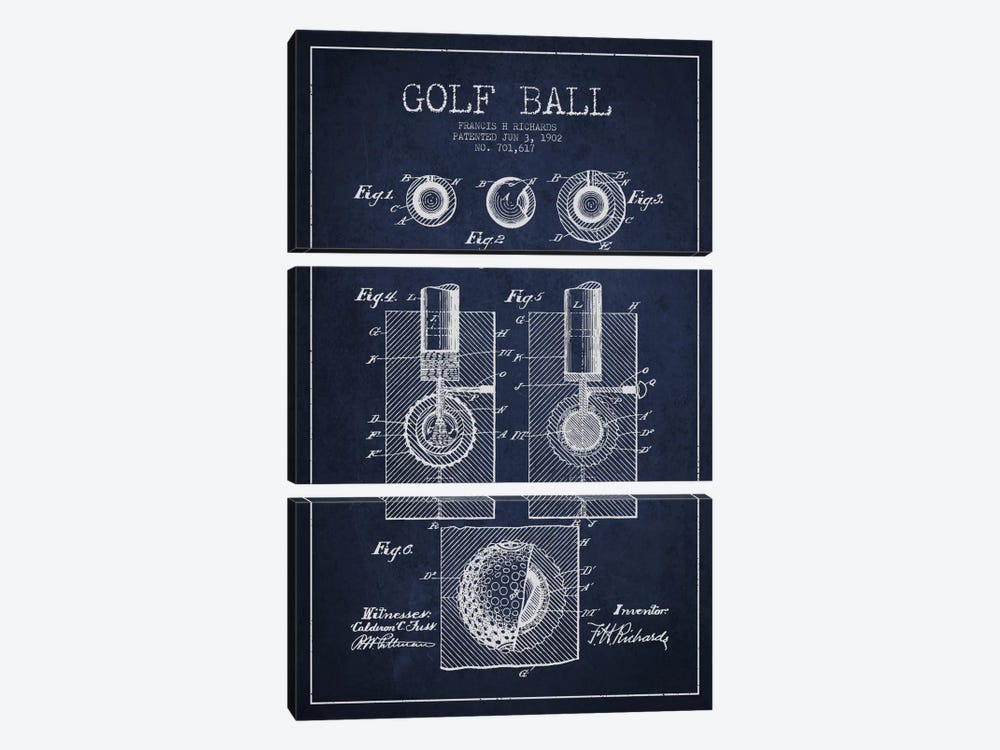 Golf Ball Navy Blue Patent Blueprint by Aged Pixel 3-piece Canvas Print