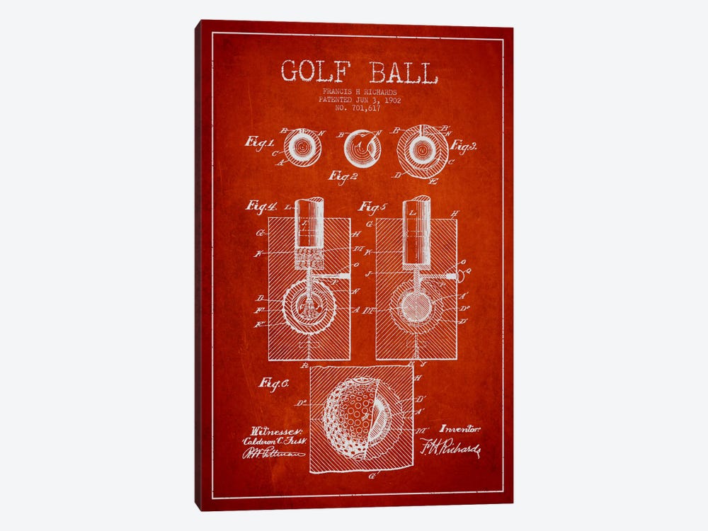 Golf Ball Red Patent Blueprint 1-piece Canvas Artwork