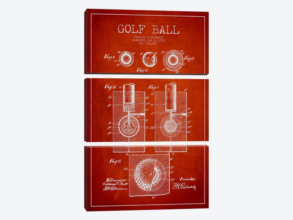 Golf Ball Red Patent Blueprint 3-piece Canvas Wall Art