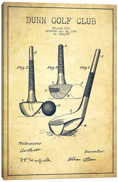 Dunn Golf Club Vintage Patent Blueprint Canvas Art Print - Golf Art