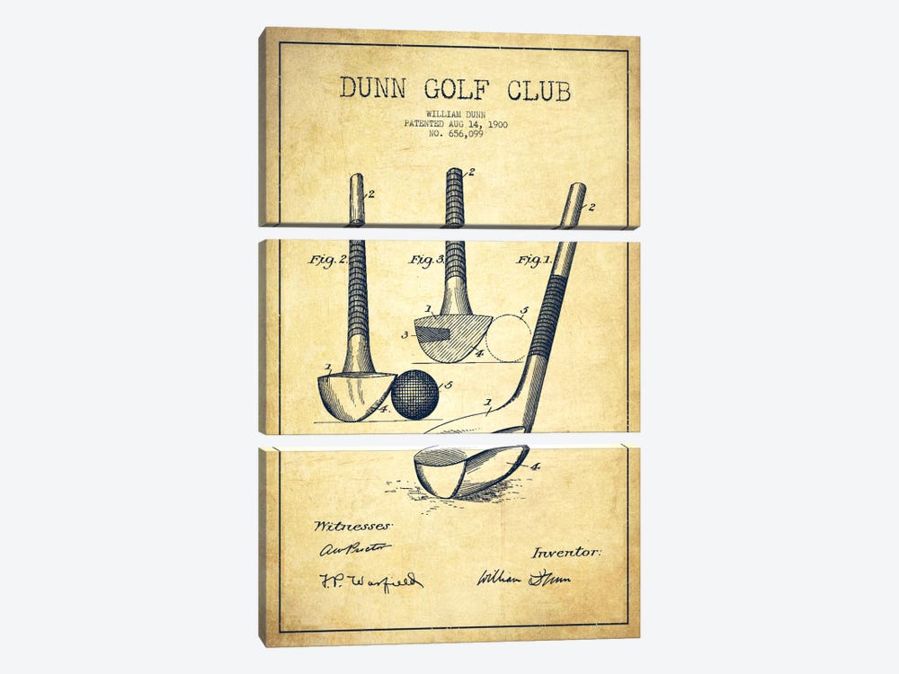 Dunn Golf Club Vintage Patent Blueprint by Aged Pixel 3-piece Canvas Wall Art