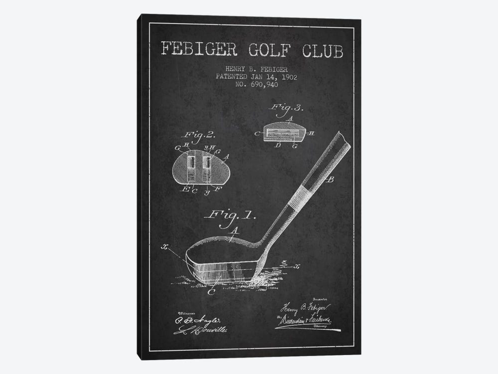 Febiger Golf Club Charcoal Patent Blueprint by Aged Pixel 1-piece Canvas Wall Art