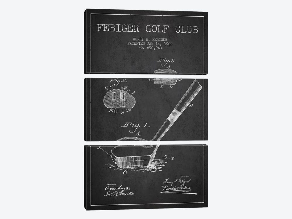 Febiger Golf Club Charcoal Patent Blueprint by Aged Pixel 3-piece Canvas Wall Art