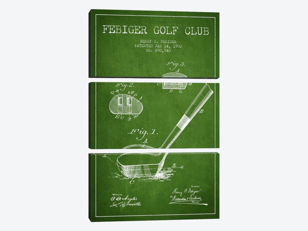 Febiger Golf Club Green Patent Blueprint by Aged Pixel 3-piece Canvas Print