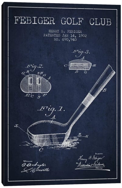 Febiger Golf Club Navy Blue Patent Blueprint Canvas Art Print - Golf Art