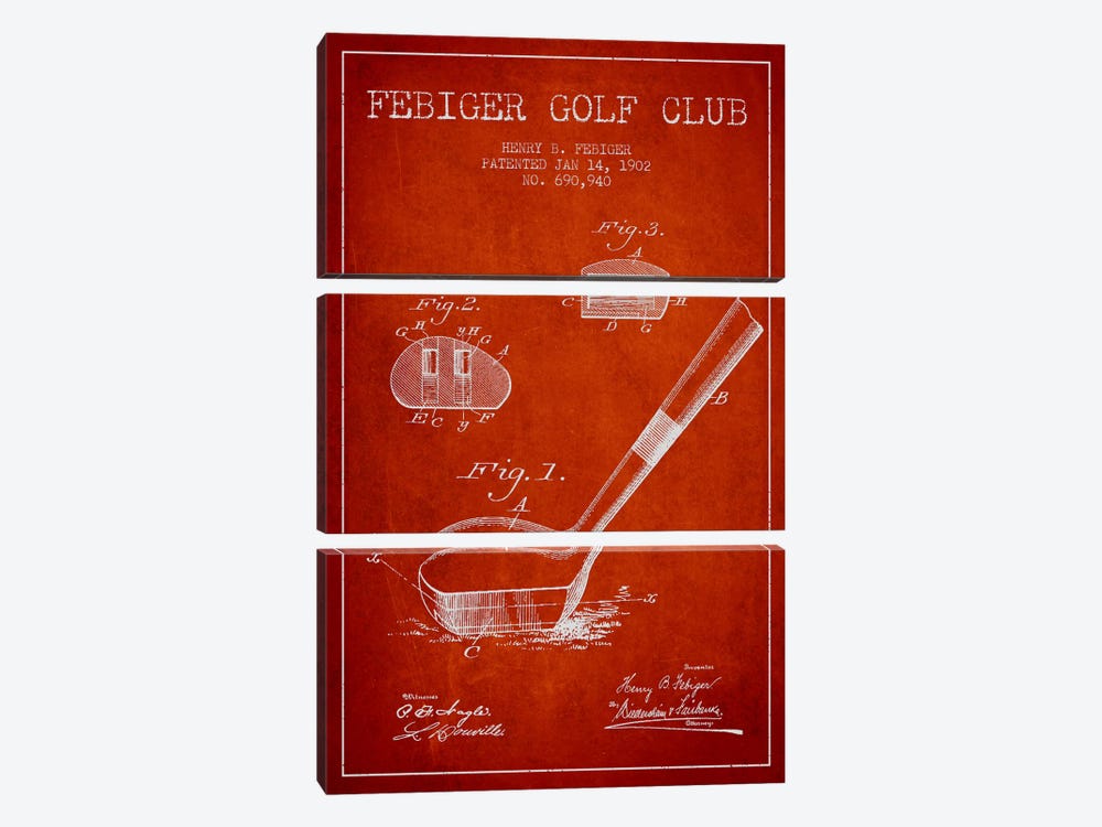 Febiger Golf Club Red Patent Blueprint by Aged Pixel 3-piece Canvas Print