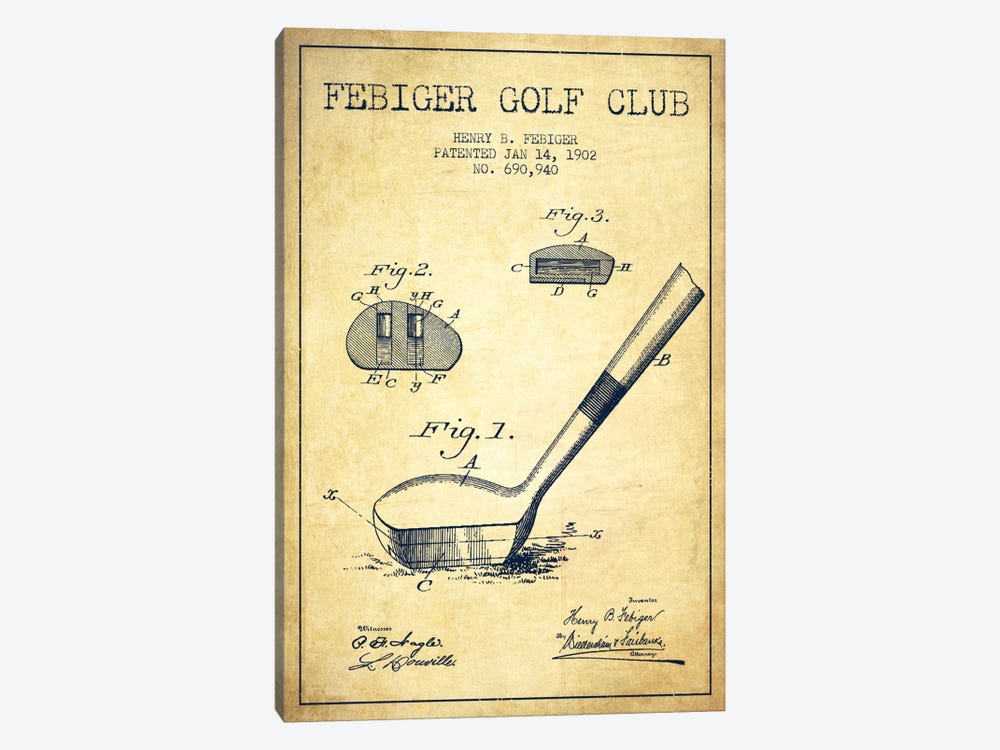 Febiger Golf Club Vintage Patent Blueprint by Aged Pixel 1-piece Canvas Artwork