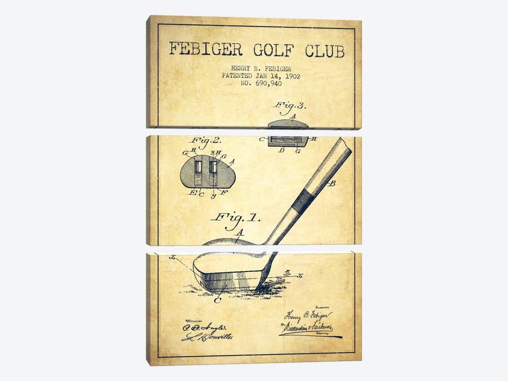 Febiger Golf Club Vintage Patent Blueprint by Aged Pixel 3-piece Canvas Art