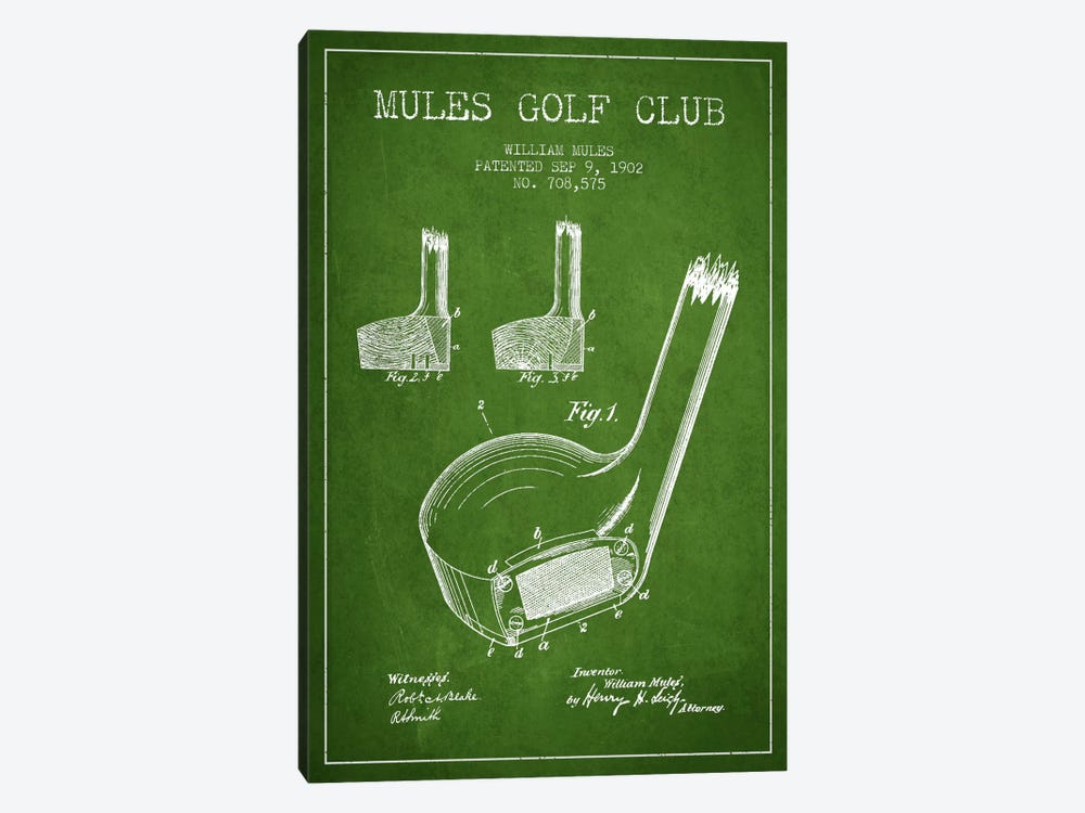 Mules Golf Club Green Patent Blueprint by Aged Pixel 1-piece Canvas Artwork